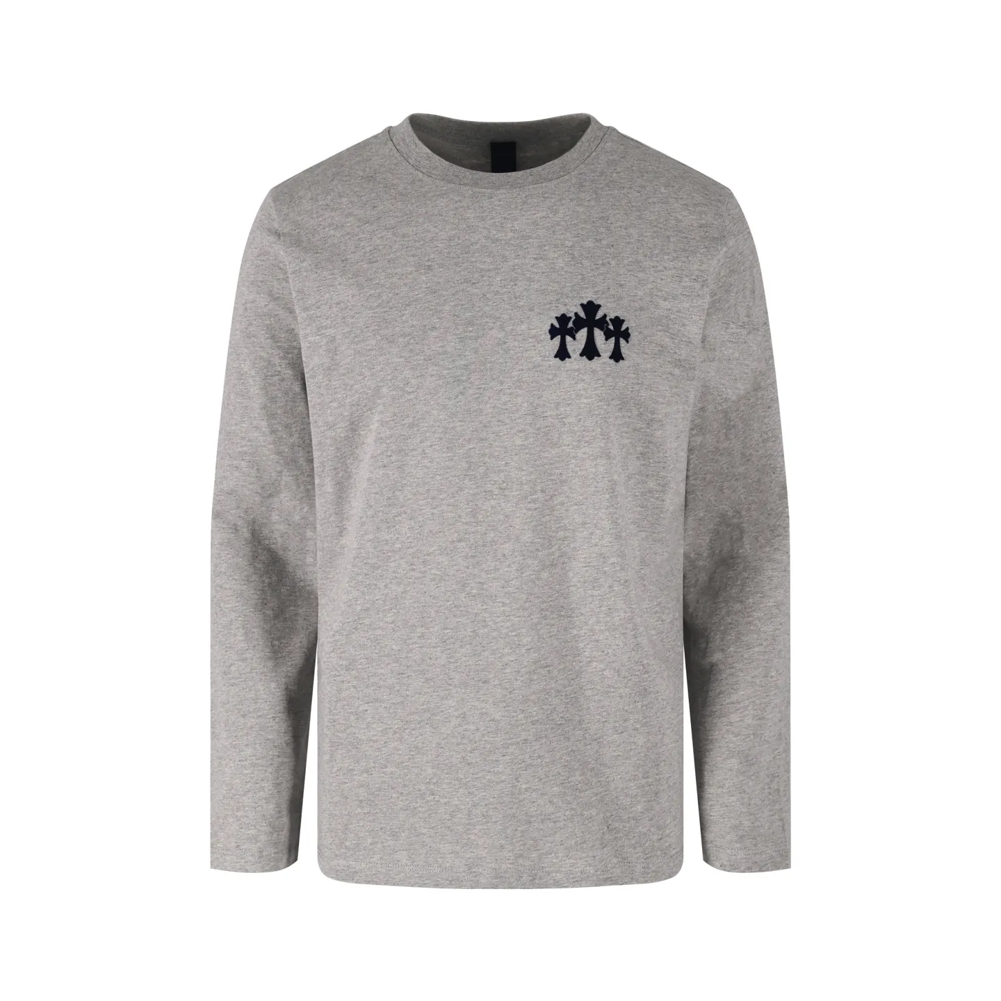🅿️340 [Exclusive supply] CH Crow heart flocked cross long-sleeved T-shirt (grey) The original version was purchased and developed for 10949, a popular item in early autumn. The fabric is lightly brushed cotton 180g fabric. The upper body is super skin-friendly and soft. Original cowhide main label wash mark. Silver thread anti-counterfeiting laser. Purchased the original version and developed it 1:1 restoration. The flocking print is consistent with the original version. They are all black and cyan (green light), not the ordinary black fake version on the market. The collar threads are also dyed in the same vat. Size:S-M-L-XL